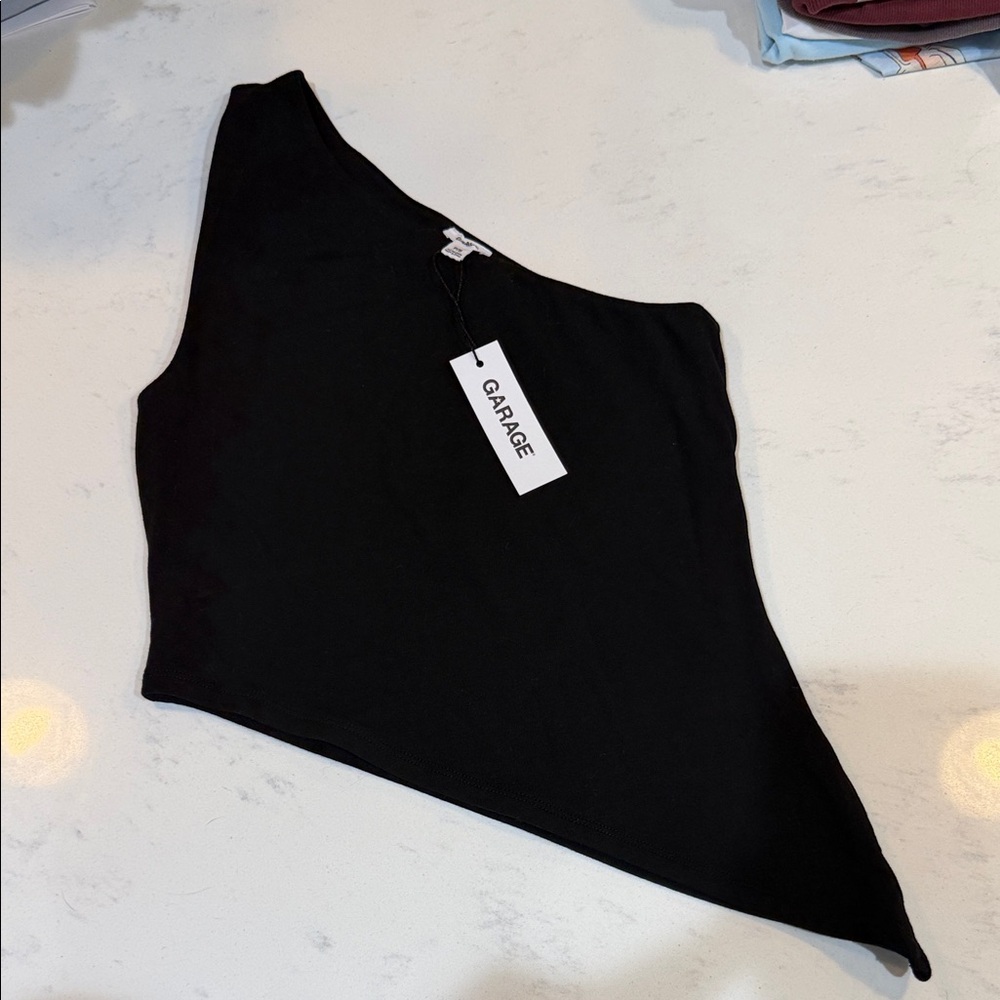 Garage Black Asymmetrical Off-Shoulder Tank